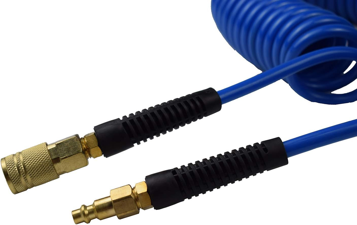 Polyurethane Recoil Air Hose, Air Compressor Hose 1/4" Inner Diameter by 25' Long with Bend Restrictor, 1/4" Industrial Quick Coupler and Plug, Blue
