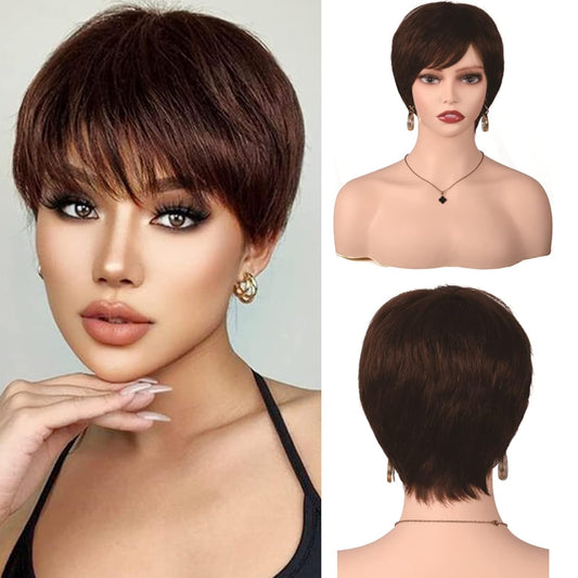 Short Human Hair Wigs for Women Pixie Cut Wig Haman Hair with Bangs Layered Short Hair Wigs Full Machine Made Wigs Brown Wig Party Daily Use(4#)