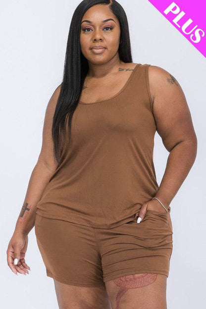 Plus Solid Comfy Tank Top & Shorts Set