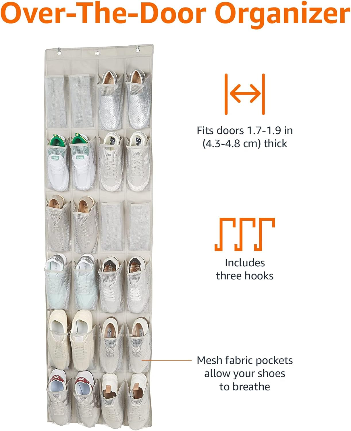 24 Medium Pocket Over-The-Door Hanging Shoe Organizer, Light Grey