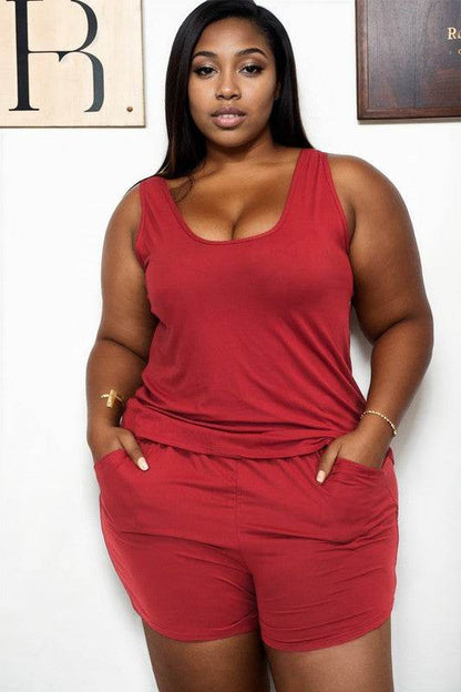 Plus Solid Comfy Tank Top & Shorts Set
