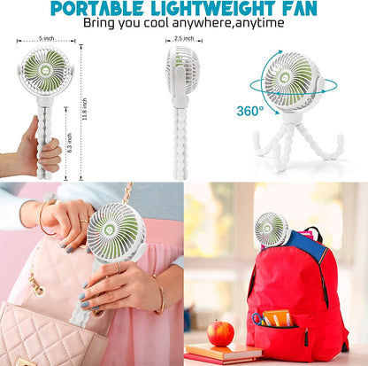 Upgraded Portable Baby Stroller Fan, 360°Rotate Rechargeable Mini Clip on Fan with Flexible Tripod for Stroller Treadmill Crib Car Seat Travel, 4000Mah Battery Powered Handheld (White)