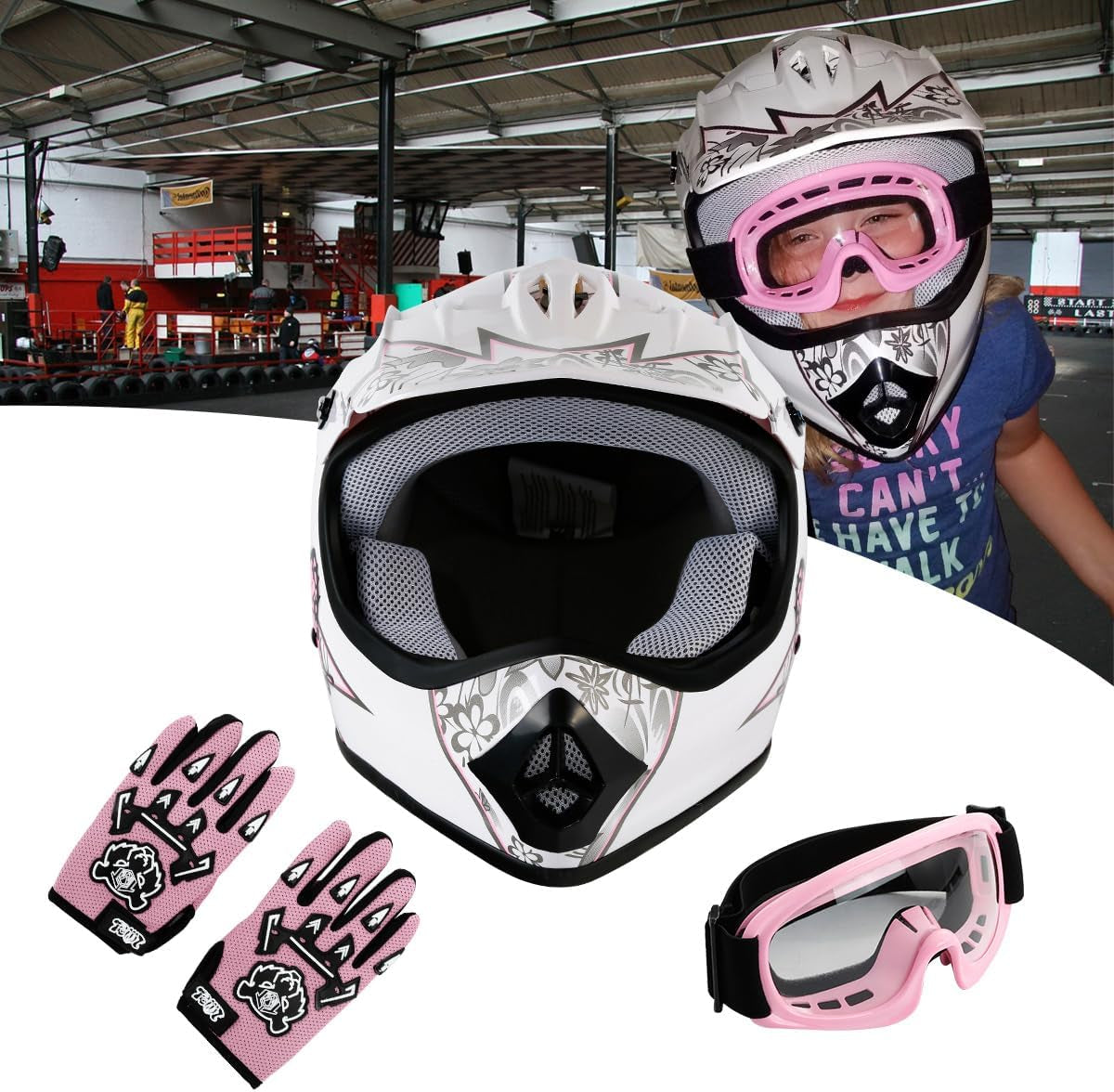 DOT Youth Kids Four Wheeler Girls Riding Helmets Motocross ATV Helmets Offroad Street Dirt Bike Go-Kart BMX MX Full Face Helmet Pink Butterfly Medium Size