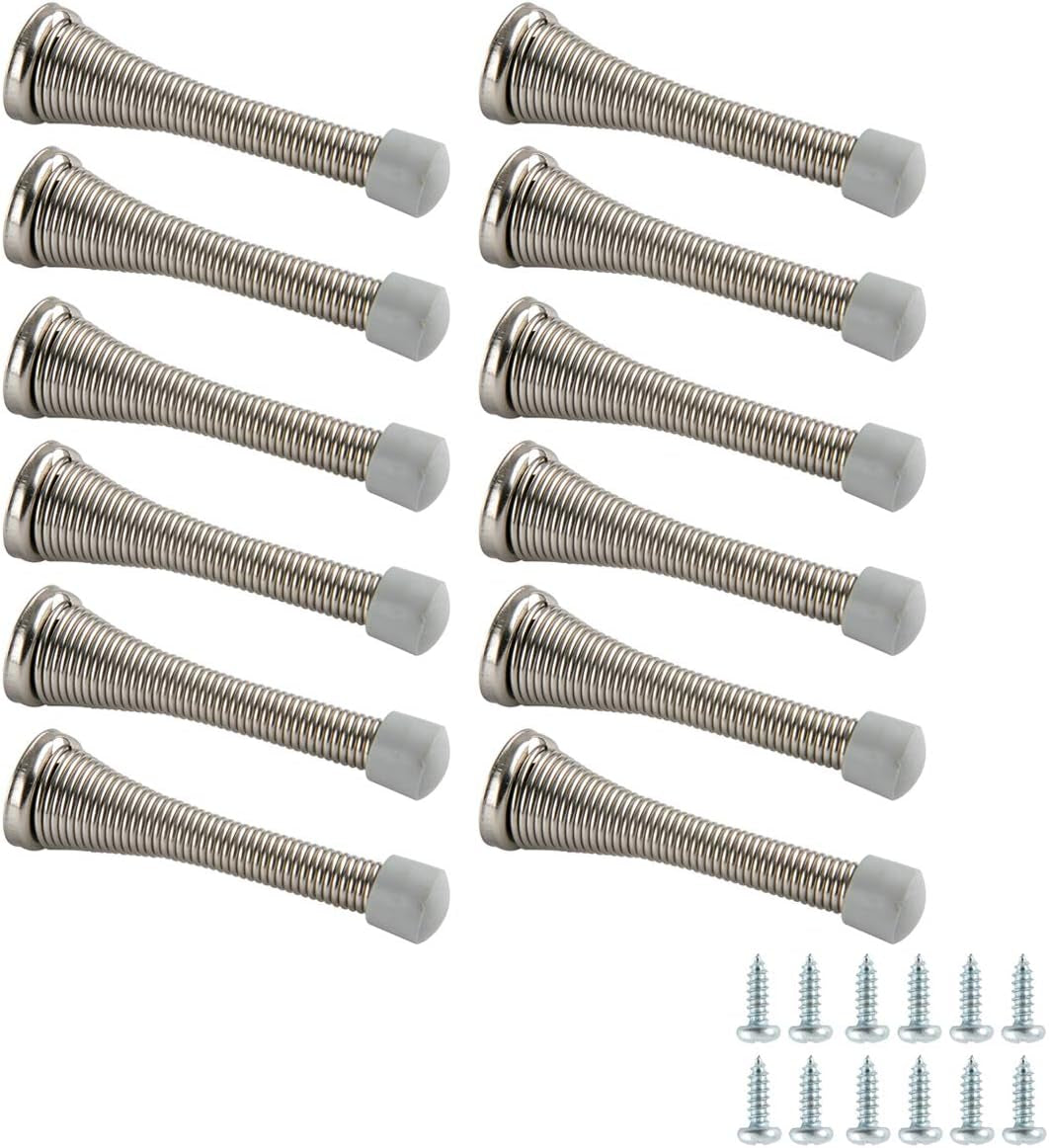Spring Door Stopper, Brushed Nickel, with Rubber Bumper Tips, 12-Pack