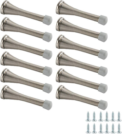 Spring Door Stopper, Brushed Nickel, with Rubber Bumper Tips, 12-Pack