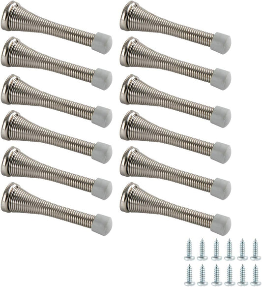 Spring Door Stopper, Brushed Nickel, with Rubber Bumper Tips, 12-Pack
