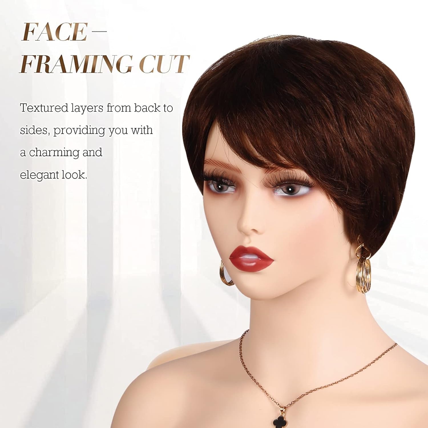 Short Human Hair Wigs for Women Pixie Cut Wig Haman Hair with Bangs Layered Short Hair Wigs Full Machine Made Wigs Brown Wig Party Daily Use(4#)
