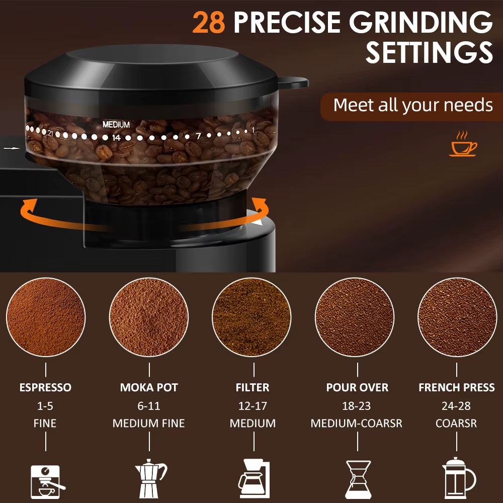 Automatic Burr Mill Coffee Grinder Electric Coffee Bean Grinding with 28 Adjustable Gears for Espresso French Press Drip Coffee