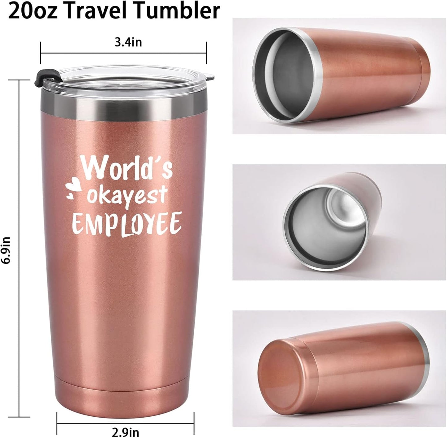 Worlds Okayest Employee Travel Tumbler, Employee Gifts for Women, Inspirational Gift for Employee Team Work Coworker, Boss Day Gifts, Christmas Gifts, 20Oz Stainless Steel Tumbler, Rose Gold