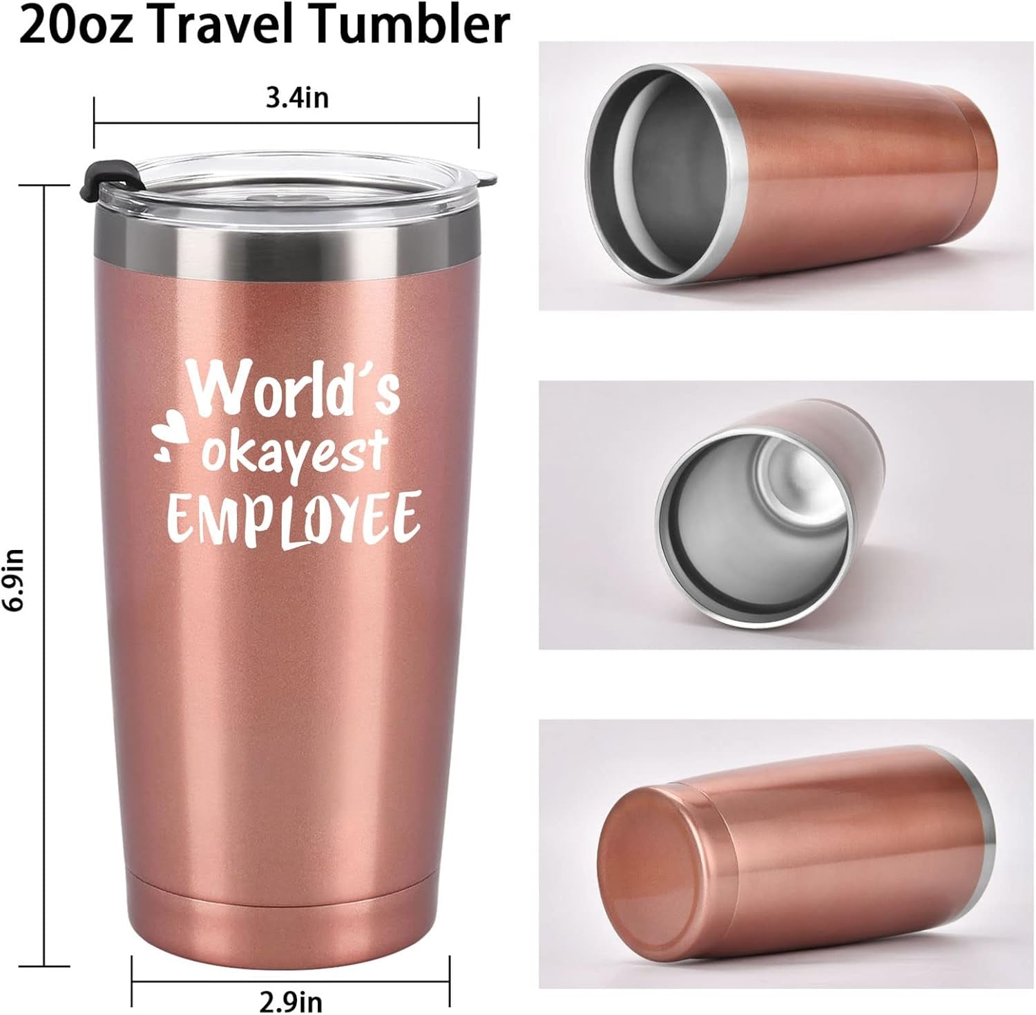 Worlds Okayest Employee Travel Tumbler, Employee Gifts for Women, Inspirational Gift for Employee Team Work Coworker, Boss Day Gifts, Christmas Gifts, 20Oz Stainless Steel Tumbler, Rose Gold