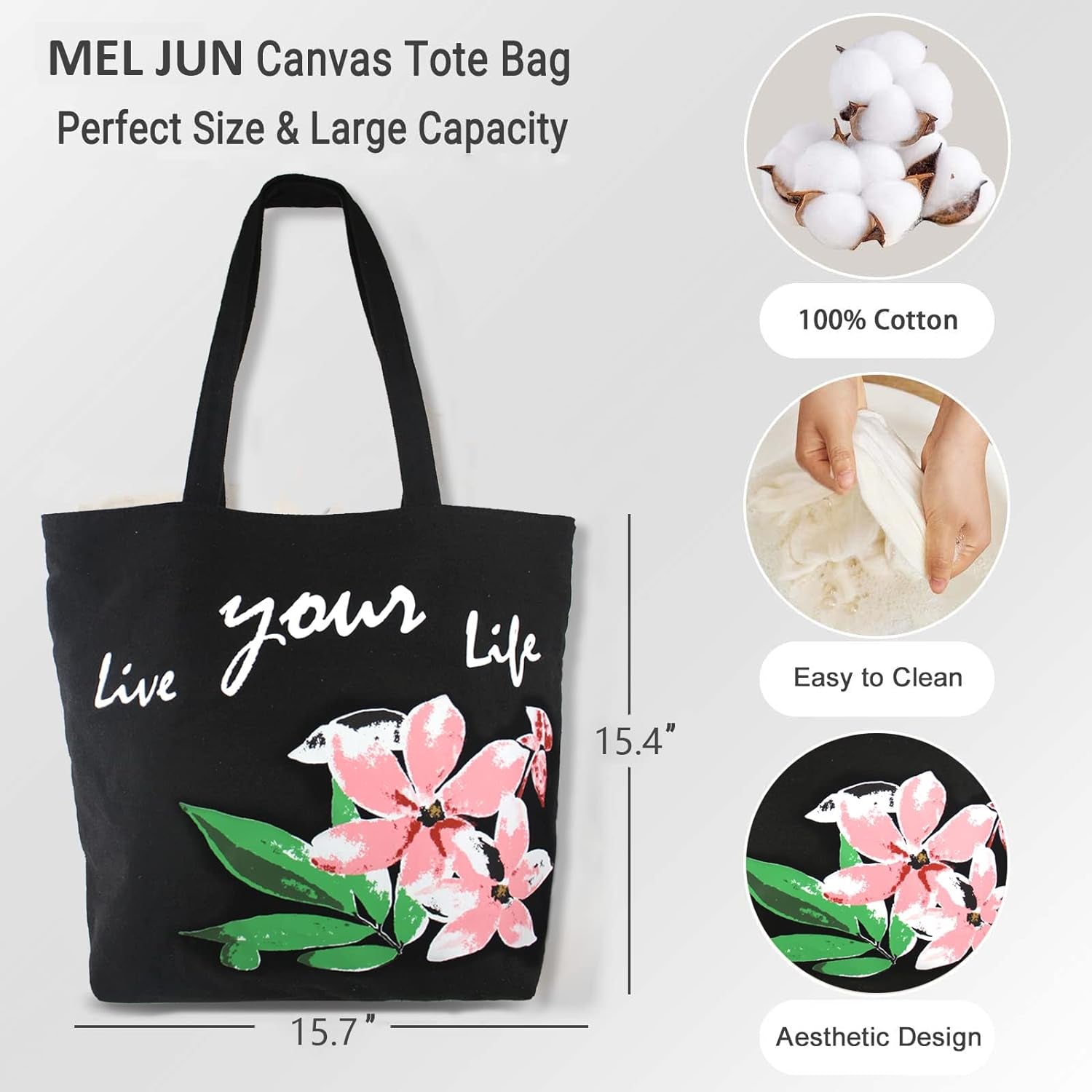 Canvas Tote Bag for Women, Beach Bags Reusable Gym Tote Bags Black with Colorful Flower- Large/Medium
