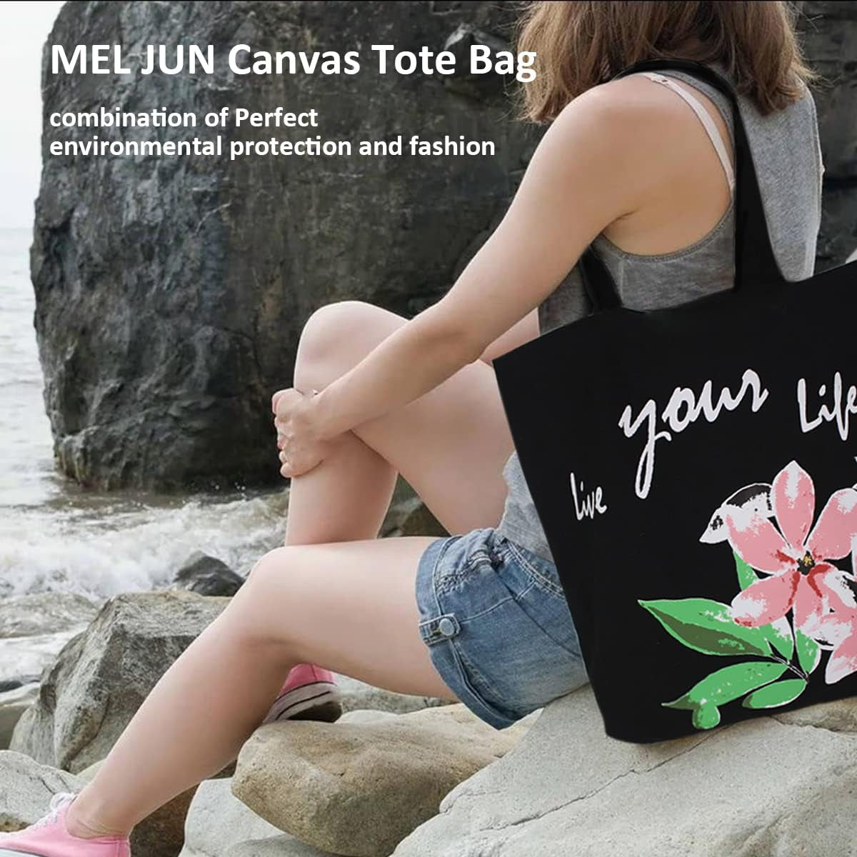 Canvas Tote Bag for Women, Beach Bags Reusable Gym Tote Bags Black with Colorful Flower- Large/Medium