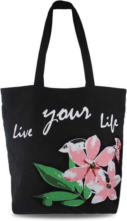 Canvas Tote Bag for Women, Beach Bags Reusable Gym Tote Bags Black with Colorful Flower- Large/Medium