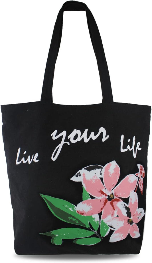 Canvas Tote Bag for Women, Beach Bags Reusable Gym Tote Bags Black with Colorful Flower- Large/Medium