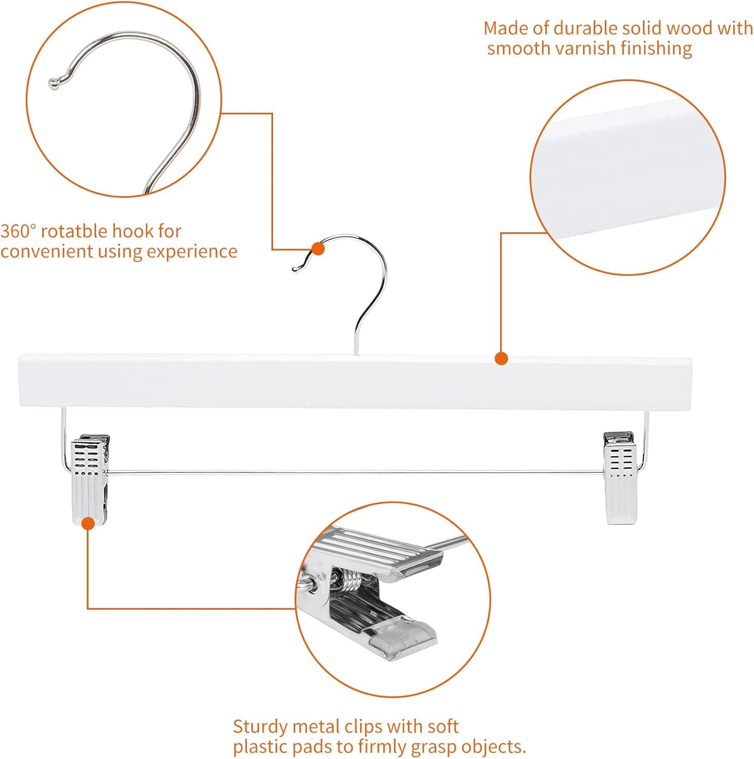 Durable Wooden Pants and Skirt Hangers with Clips - White, 10-Pack