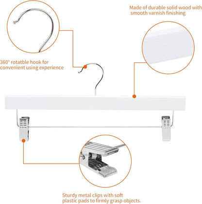 Durable Wooden Pants and Skirt Hangers with Clips - White, 10-Pack