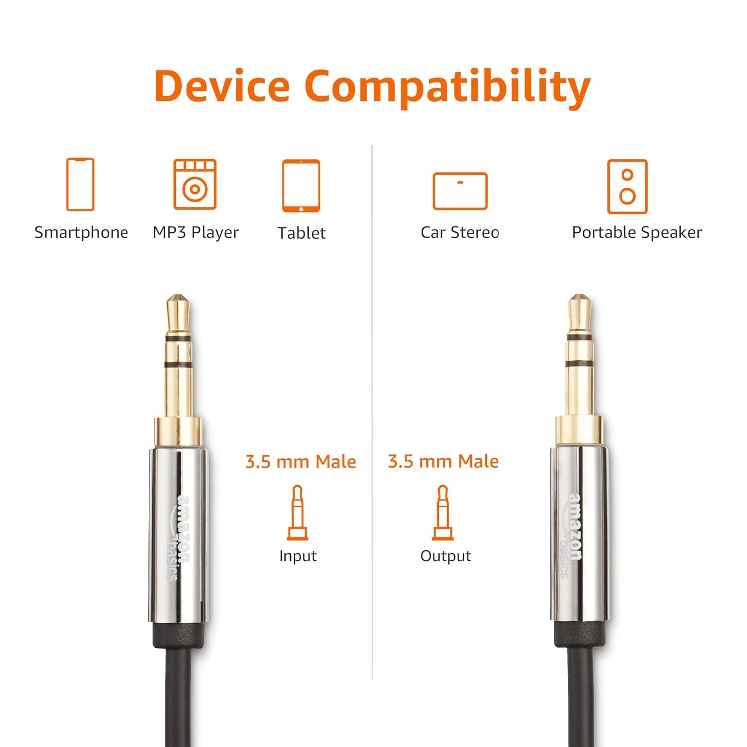 3.5Mm Auxiliary Audio Cable for Stereo Speaker or Subwoofer with Gold-Plated Plugs, 8 Foot, Black
